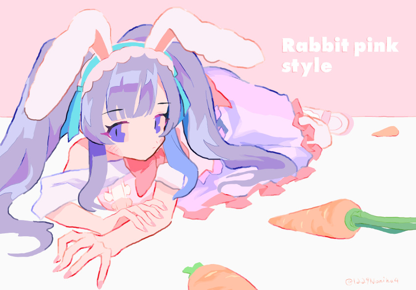 1girl absurdres animal_ears blunt_bangs carrot closed_mouth commentary_request dress grey_hair hairband hand_on_own_arm highres idolmaster idolmaster_shiny_colors long_hair looking_at_viewer lying noniha on_side pink_background rabbit_ears solo twintails violet_eyes white_dress white_hairband yukoku_kiriko