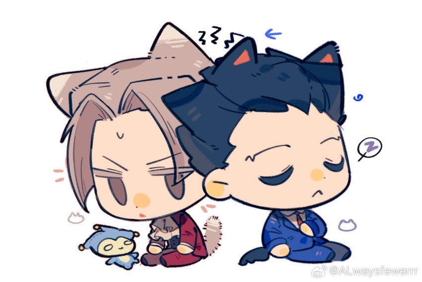 2boys ace_attorney alwaysfewer. animal_ears arrow_(symbol) ascot black_footwear black_vest blue_badger blue_hair blue_jacket blue_pants blue_sleeves blue_suit blunt_bangs blush brown_eyes brown_hair buttons cat_boy cat_ears cat_tail chibi chinese_commentary closed_eyes collared_jacket collared_shirt commentary_request ear_blush frown hand_on_own_stomach jacket layered_sleeves leaning_on_person long_sleeves male_focus miles_edgeworth multiple_boys necktie nose_blush notice_lines open_clothes open_jacket open_mouth pants parted_bangs phoenix_wright red_jacket red_necktie red_pants red_sleeves shirt shoes short_hair simple_background sitting sleeping spiky_hair spoken_zzz stuffed_toy suit sweatdrop tail triangle_mouth vest watermark weibo_logo weibo_username white_ascot white_background white_shirt zzz