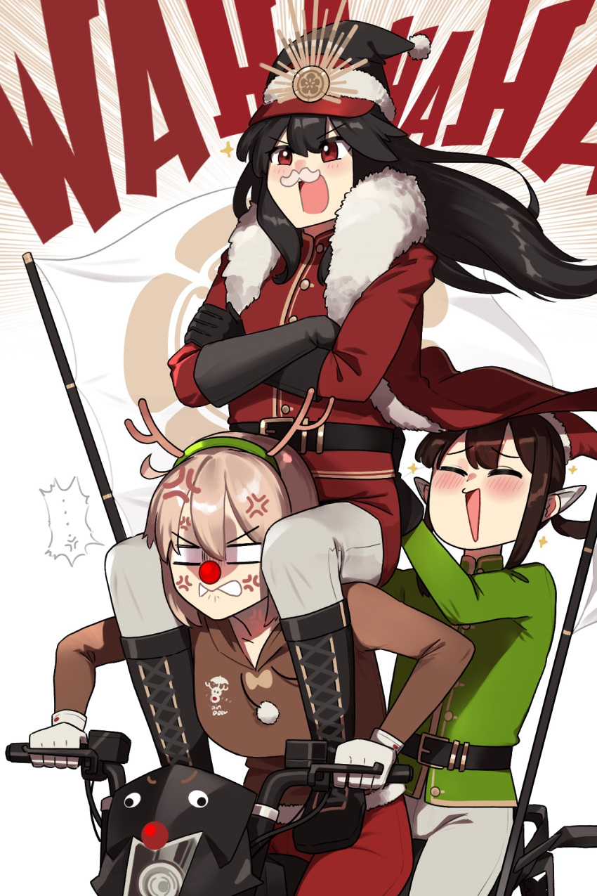1boy 2girls alternate_costume anger_vein animal_costume antlers belt belt_buckle black_footwear black_gloves black_hair black_headwear blonde_hair blush boots brother_and_sister buckle cape commentary crossed_arms english_commentary fake_antlers fake_facial_hair fake_mustache fate/grand_order fate_(series) floating_hair fur-trimmed_cape fur_trim gloves green_jacket hat highres jacket long_hair long_sleeves military_hat monkey_jon motor_vehicle motorcycle multiple_girls oda_nobukatsu_(fate) oda_nobunaga_(fate) oda_nobunaga_(koha-ace) okita_souji_(fate) okita_souji_(koha-ace) open_mouth pants pointy_ears red_cape red_eyes red_jacket red_pants reindeer_antlers reindeer_costume riding santa_costume santa_hat short_hair siblings sitting_on_shoulder white_pants
