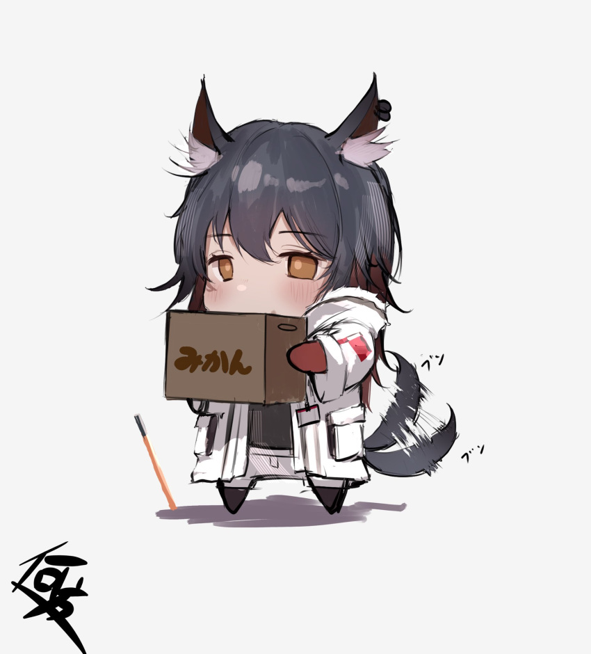 1girl afterimage animal_ear_fluff animal_ear_piercing animal_ears arknights artist_name black_hair black_pantyhose black_shirt black_tail blush box brown_eyes cardboard_box chibi coat colored_inner_hair commentary_request covered_mouth donata_(donatasama) doodles double-parted_bangs from_side full_body fur-trimmed_coat fur-trimmed_hood fur_trim gloves grey_shorts hair_between_eyes hands_up hatching_(texture) highres holding holding_box hood hood_down hooded_coat hoop_piercing id_card invisible_floor linear_hatching long_hair long_sleeves looking_afar looking_ahead motion_lines multicolored_hair no_nose no_shoes official_alternate_costume open_clothes open_coat pantyhose piercing planted planted_sword pocket red_gloves redhead shadow shirt short_shorts shorts signature simple_background solo standing straight_hair sword tail tail_wagging texas_(arknights) texas_(winter_messenger)_(arknights) translation_request two-tone_hair very_long_hair weapon white_background white_coat white_hood wide_sleeves wolf_ears wolf_girl wolf_tail