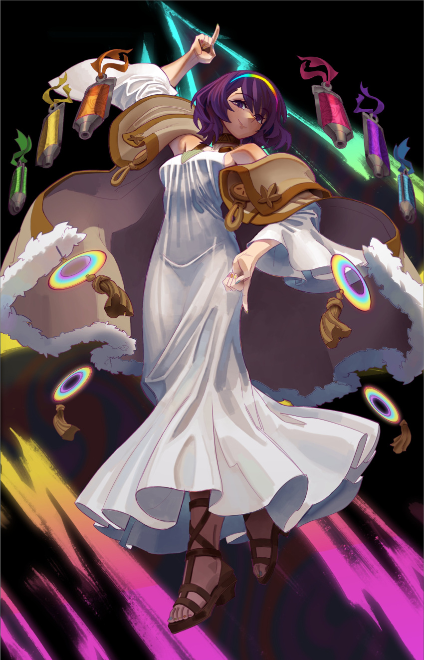 1girl absurdres bare_shoulders cloak cosplay dress green_hairband hairband highres multicolored_hairband multicolored_nails nezo paint paint_tube pointing pointing_up purple_hair rainbow ribbon sandals smile tenkyuu_chimata the_weather_painter_rainbow the_weather_painter_rainbow_(cosplay) touhou violet_eyes white_dress yu-gi-oh!