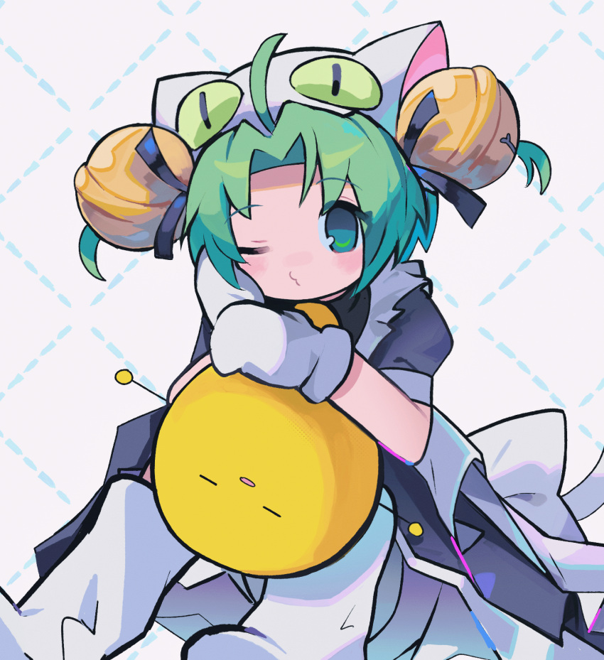 1girl ahoge animal_hat apron back_bow bell black_dress blue_eyes bow cat_hat dejiko di_gi_charat dress eyes_visible_through_hair gema green_hair hair_intakes hand_on_own_face hat highres jingle_bell looking_at_viewer maid_apron mittens morizo_(morizoshop) o3o one_eye_closed puffy_short_sleeves puffy_sleeves short_hair short_sleeves socks solo white_apron white_bow white_headwear white_mittens white_socks