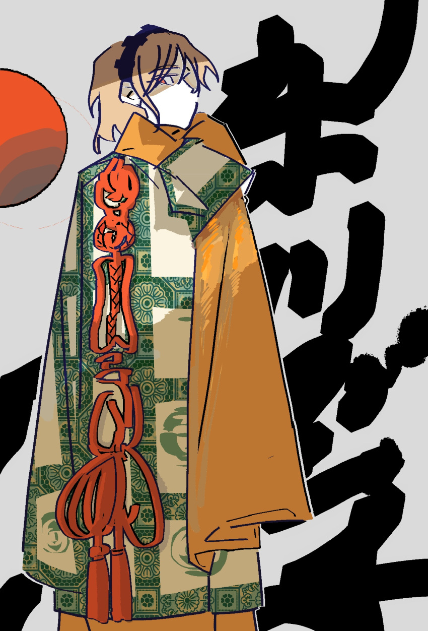 1other androgynous black_hairband chinese_commentary coat cocopalm commentary_request grey_background hairband highres len'en no_mouth orange_eyes orange_hair orange_scarf other_focus scarf short_hair solo translation_request zuifeng_tenkai