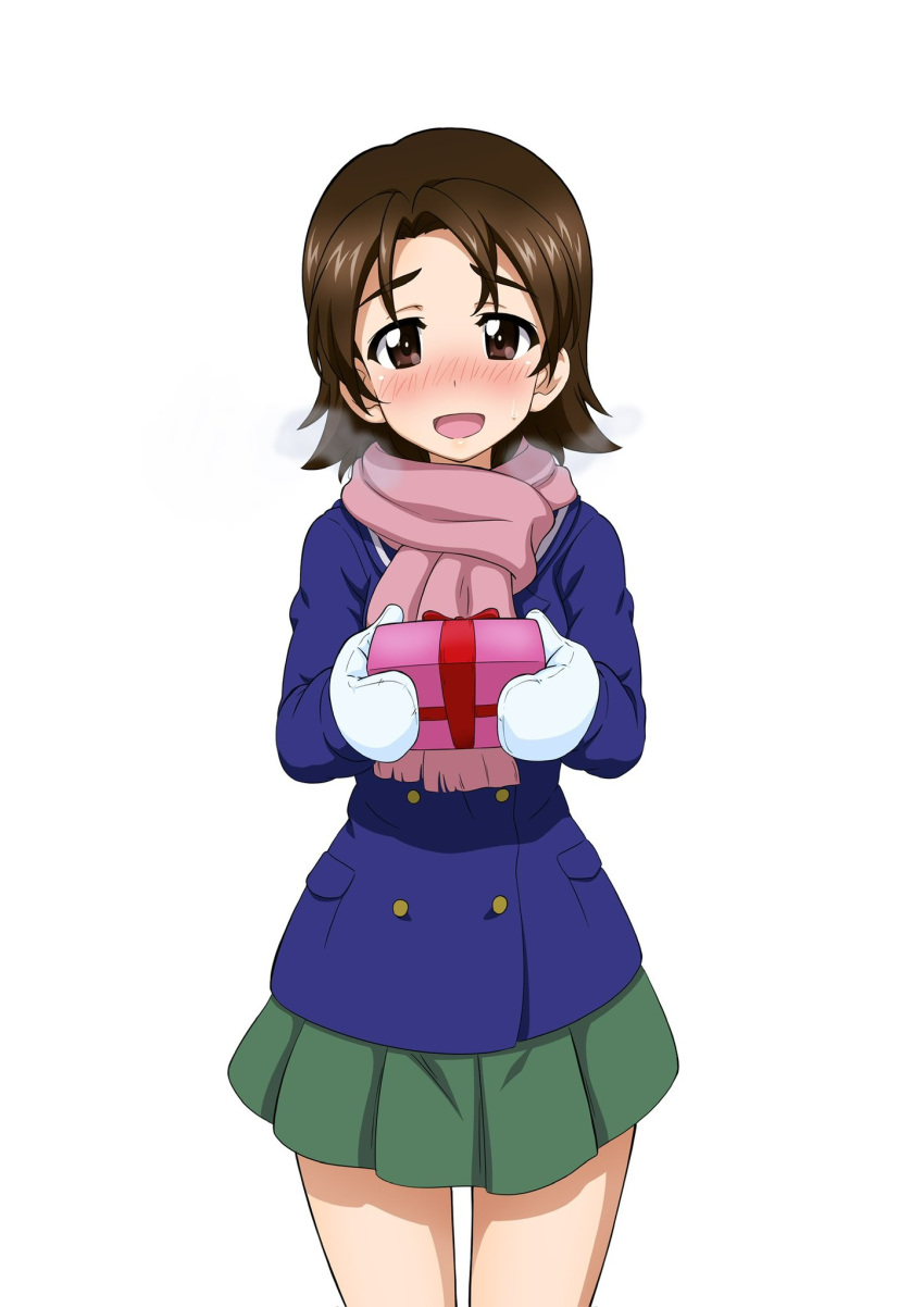 1girl blue_coat blush brown_eyes brown_hair coat gift girls_und_panzer green_skirt highres holding holding_gift key_(gaigaigai123) long_sleeves looking_at_viewer mittens open_mouth pink_scarf pleated_skirt sawa_azusa scarf short_hair simple_background skirt smile solo white_background white_mittens