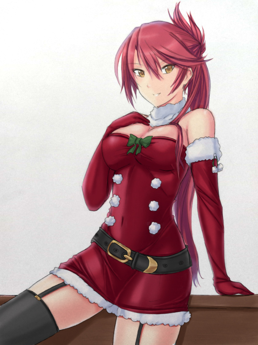 1girl absurdres bow breasts cleavage_cutout clothing_cutout double-parted_bangs dress eiyuu_densetsu elbow_gloves gloves hair_between_eyes highres large_breasts long_hair looking_at_viewer notejhay pink_hair ponytail santa_costume santa_dress sara_valestein scarf sen_no_kiseki simple_background thigh-highs white_background yellow_eyes