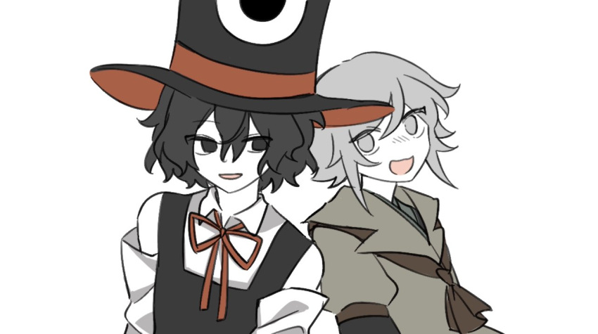 2others androgynous ascot bare_shoulders black_coat black_eyes black_hair black_headwear black_sleeves blush bow bowtie brown_ascot brown_coat brown_sleeves chinese_commentary coat collared_coat collared_shirt commentary_request detached_sleeves enraku_tsubakura eye_of_senri flat_color grey_eyes grey_hair hat houlen_yabusame jinbei_(clothes) layered_sleeves len'en long_sleeves looking_at_viewer multiple_others open_mouth other_focus parody puffy_short_sleeves puffy_sleeves red_bow red_bowtie red_headwear shirt short_hair short_over_long_sleeves short_sleeves simple_background sleeveless sleeveless_coat sleeveless_shirt smile top_hat two-sided_fabric two-sided_headwear upper_body white_background white_shirt white_sleeves xiao_ganju_nailuo