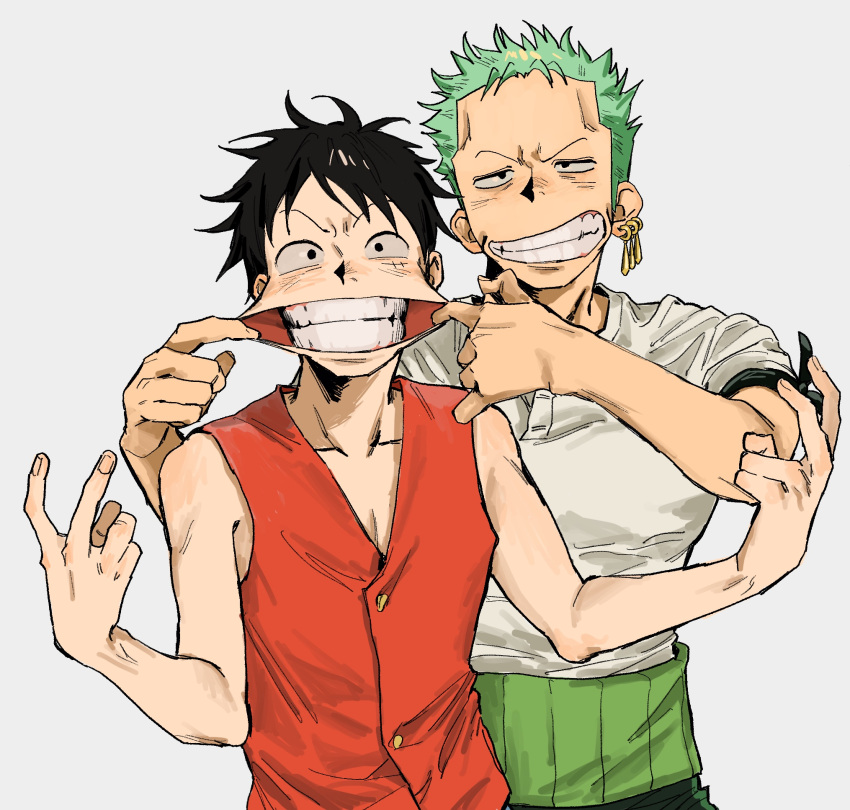 2boys bandana bandana_around_arm black_bandana black_eyes black_hair cheek_pull earrings finger_in_another's_mouth green_hair grey_background haramaki highres jewelry looking_at_viewer male_focus monkey_d._luffy multiple_boys nsozp one_piece pectoral_cleavage pectorals red_vest roronoa_zoro scar scar_on_cheek scar_on_face shirt short_hair sideburns simple_background single_earring smile stretching teeth upper_body v vest white_shirt