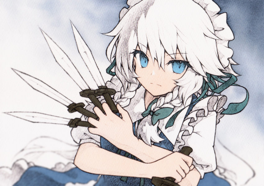 1girl blue_dress blue_eyes bow braid dress green_bow hair_bow highres holding holding_knife izayoi_sakuya knife looking_at_viewer maid maid_headdress multiple_braids multiple_knives qqqrinkappp serious solo touhou white_hair