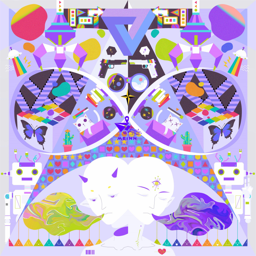 abstract absurdres artist_name border box bug butterfly cat chinese_commentary commentary_request crane_game demon_horns english_commentary grey_border gun handgun highres horns lightning_bolt_symbol mixed-language_commentary mrmeinn no_humans original purple_background rainbow robot sparkle speech_bubble spoken_object stairs third_eye ufo watermark weapon x_x
