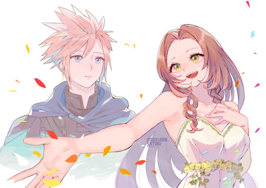 1boy 1girl aerith_gainsborough artist_name bare_arms bare_shoulders black_jacket blonde_hair blue_cloak blue_eyes breasts brown_hair cha_niao_(strxscs) cloak cloud_strife couple dated dress dress_flower falling_petals final_fantasy final_fantasy_vii final_fantasy_vii_rebirth flower green_eyes hand_on_own_chest hetero jacket long_hair looking_at_another medium_breasts music official_alternate_costume open_mouth outstretched_arm parted_bangs parted_lips petals short_hair sidelocks singing sleeveless sleeveless_dress smile spiky_hair strapless strapless_dress twitter_username upper_body wavy_hair white_background white_dress yellow_flower