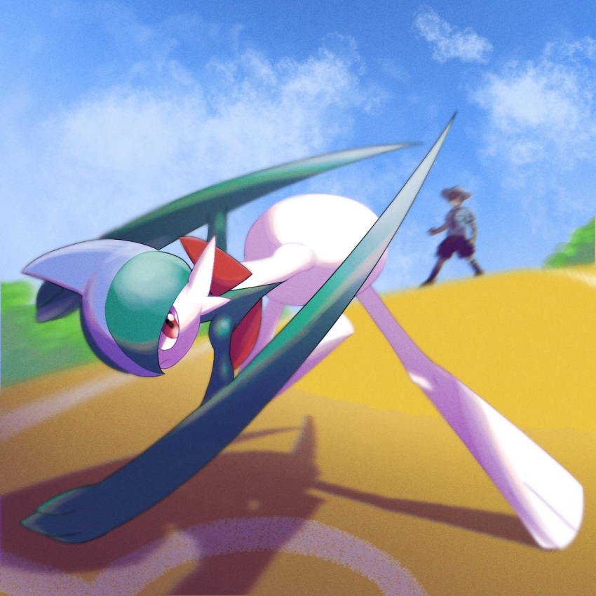 2boys arm_blade bent_over blue_sky blurry closed_mouth clouds collaboration colored_skin commentary_request day depth_of_field florian_(pokemon) full_body gallade green_hair green_skin hair_over_one_eye hama_sou highres looking_to_the_side male_focus mohawk multicolored_hair multicolored_skin multiple_boys one_eye_covered outdoors pokemon pokemon_(creature) pokemon_sv red_eyes shigeyasu. short_hair sky solo_focus standing topaz_(topaaaaaaaaz) two-tone_hair two-tone_skin weapon white_hair white_skin