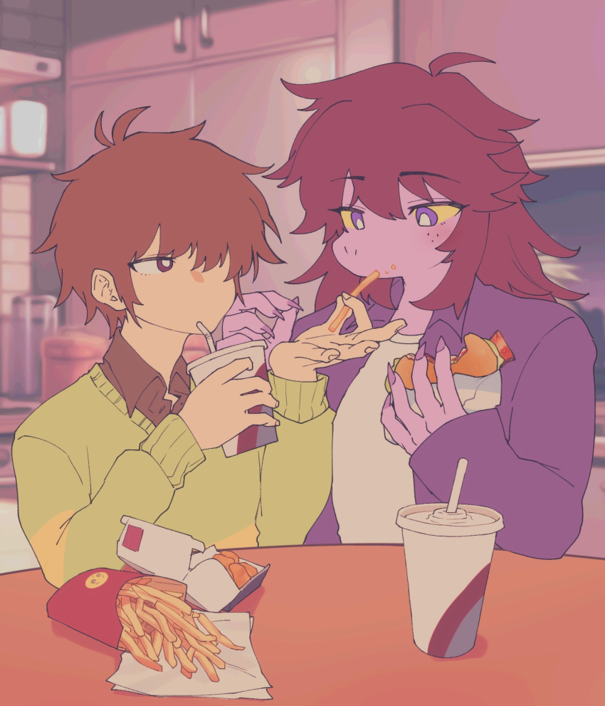 1boy 1girl bangs black_eyebrows black_shirt blush brown_hair clothing collar collared_jacket collared_shirt couple cup deltarune disposable_cup drink drinking drinking_straw drinking_straw_in_mouth duo eating eyebrows eyebrows_behind_hair eyebrows_visible_through_hair fast_food feeding female fingernails food food_on_face freckles french_fries full_color green_sweater hair_between_eyes hair_over_one_eye hamburger high_resolution holding holding_cup holding_drink holding_food holding_object horizontal_stripes indoors jacket kris_(deltarune) long_hair long_sleeves male medium_hair napkin purple_eyes purple_fingernails purple_hair purple_jacket purple_skin sharp_fingernails shirt sidelocks single_horizontal_stripe single_stripe ss_komu striped striped_sweater susie_(deltarune) sweater table white_pupils white_shirt yellow_sclera yellow_stripe