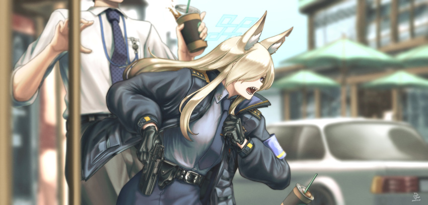 1boy 1girl absurdres animal_ears armband belt black_belt black_gloves black_pants blonde_hair blue_archive blue_armband blue_eyes blue_halo blue_jacket blue_necktie blue_skirt blurry blurry_background breasts car collared_shirt cup dated glock gloves gun hair_over_one_eye halo handgun hands_up head_out_of_frame high_collar highres holding holding_cup holding_weapon holster jacket kanna_(blue_archive) large_breasts long_hair long_sleeves looking_ahead massabou2 motor_vehicle necktie open_mouth optical_sight outdoors pants sensei_(blue_archive) sharp_teeth shirt shirt_tucked_in signature skirt sleeves_rolled_up solo_focus teeth trigger_discipline upper_body weapon white_shirt