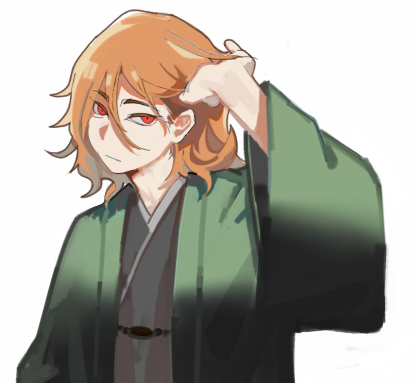 1other androgynous closed_mouth cocopalm green_jacket grey_kimono hand_in_own_hair haori jacket japanese_clothes kimono len'en long_sleeves medium_hair open_clothes open_jacket orange_eyes orange_hair other_focus simple_background solo upper_body white_background wide_sleeves zuifeng_tenkai