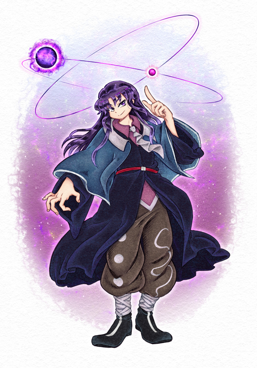 1other androgynous arm_up bandaged_leg bandages black_coat black_footwear blue_capelet brown_pants capelet chikafumikou clause closed_mouth coat collared_shirt commentary full_body grey_necktie highres len'en long_hair necktie other_focus pants pink_shirt purple_hair shirt smile solo standing violet_eyes