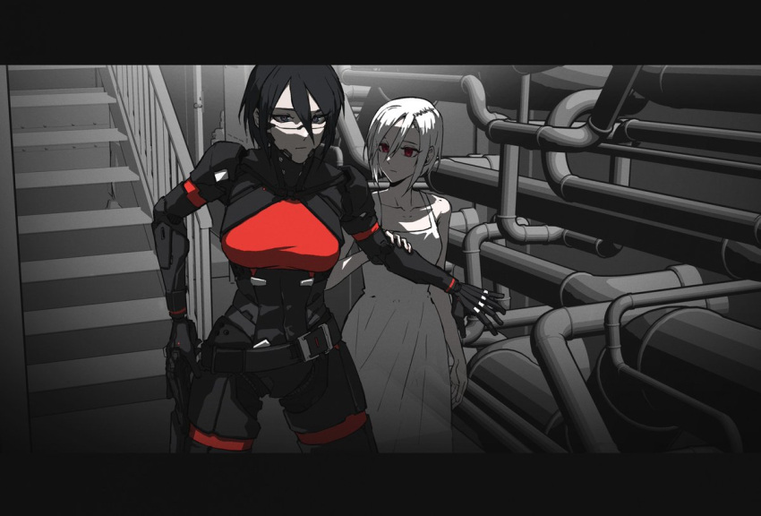 2girls android ariane_yeong belt black_hair blue_eyes cyberpunk dress elster_(signalis) getsome joints mechanical_parts multiple_girls red_eyes robot_girl robot_joints short_hair signalis weapon