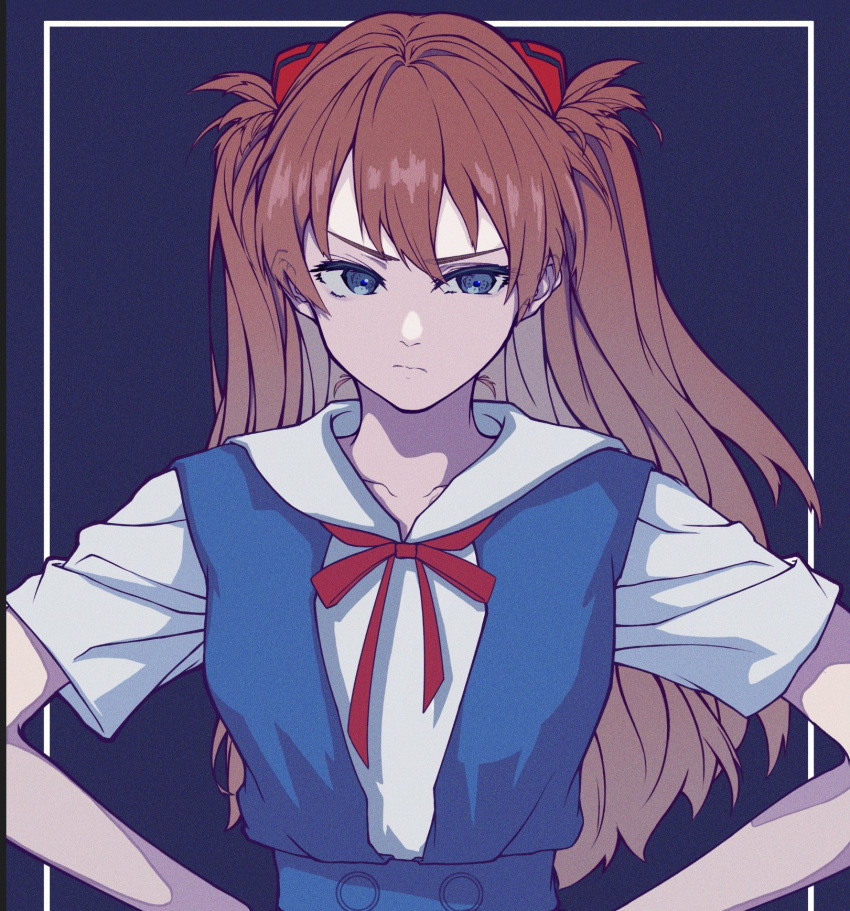 1girl blue_background blue_dress blue_eyes breasts brown_hair closed_mouth dress frown hands_on_own_hips headgear highres interface_headset long_hair medium_breasts neck_ribbon neon_genesis_evangelion red_ribbon ribbon sailor_collar saventer1 school_uniform shirt short_sleeves solo souryuu_asuka_langley tokyo-3_middle_school_uniform twintails white_sailor_collar white_shirt
