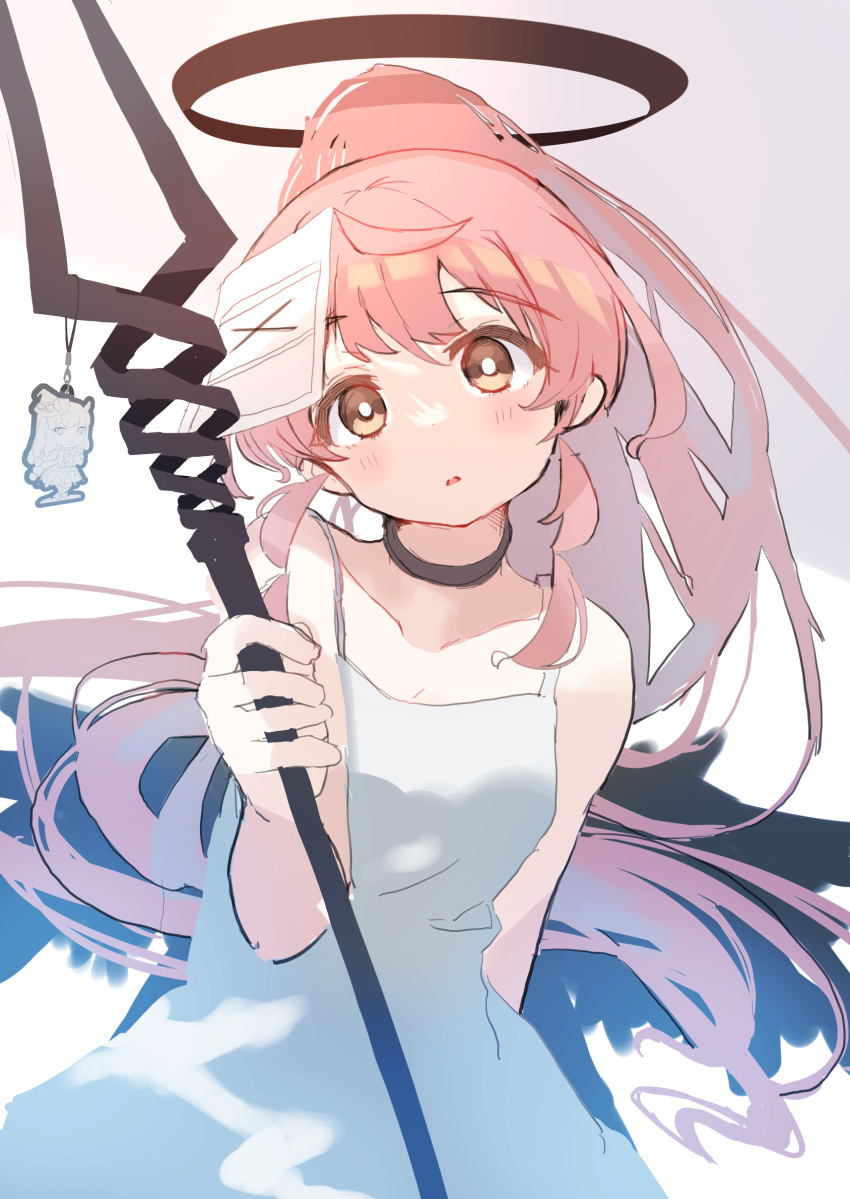 1girl absurdres ahoge arm_behind_back bare_arms bare_shoulders black_choker black_halo blush bright_pupils brown_eyes chibi choker collarbone dress halo hand_up heavy_spear_(evangelion) high_ponytail highres holding holding_weapon keychain kurosu_aroma long_hair looking_at_viewer mass_production_eva paper paper_on_head parted_lips pink_hair ponytail pretty_series priority9 pripara shiratama_mikan silhouette sketch sleeveless sleeveless_dress solo spaghetti_strap staff upper_body very_long_hair weapon white_background white_dress