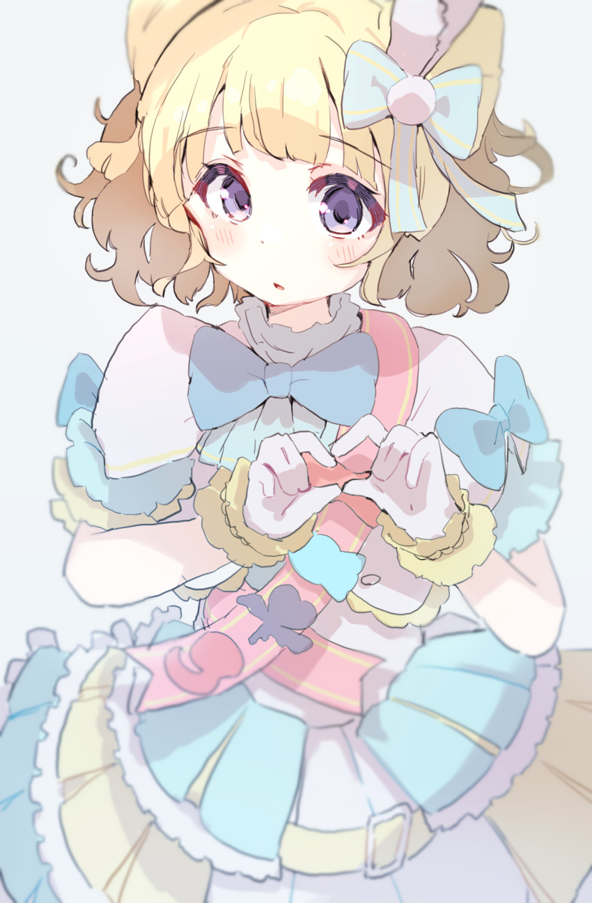 1girl :o belt blonde_hair blue_bow blue_bowtie blunt_bangs blush bow bowtie capelet double_bun dress frills gloves grey_background hair_bow hair_bun hair_ornament hands_up heart heart_hands highres idol idol_clothes looking_at_viewer minami_mirei open_mouth pretty_series priority9 pripara puffy_short_sleeves puffy_sleeves ribbon short_sleeves simple_background solo upper_body violet_eyes white_background white_gloves