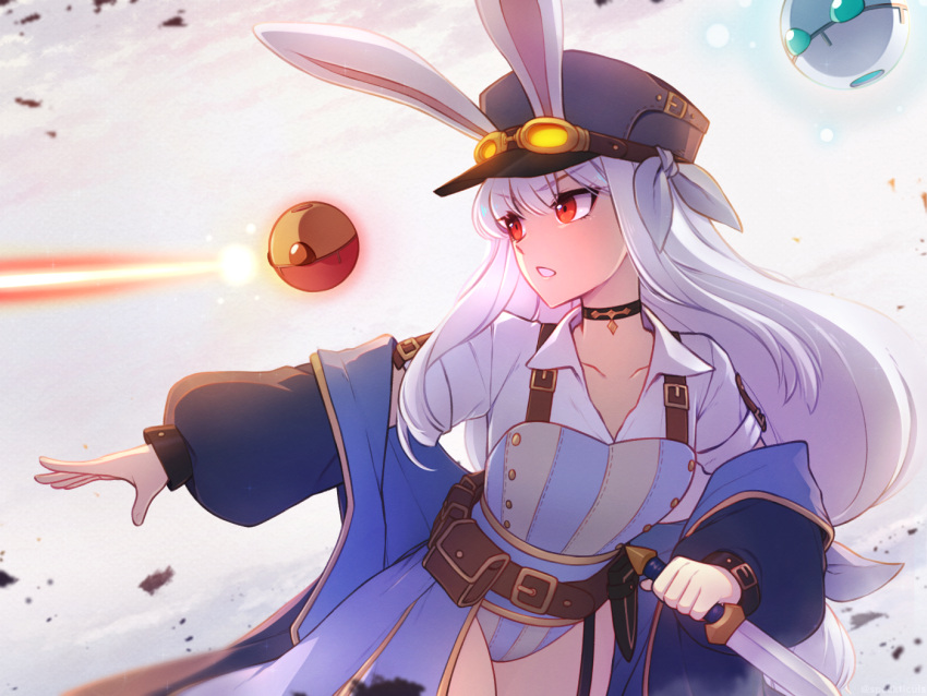 1girl action_pose choker collarbone dagger flat_chest goggles_on_headwear hat highleg_leotard laser off-shoulder_coat rabbit_ears red_eyes solo speckticuls tevi tevi_(character) utility_belt very_long_hair white_hair