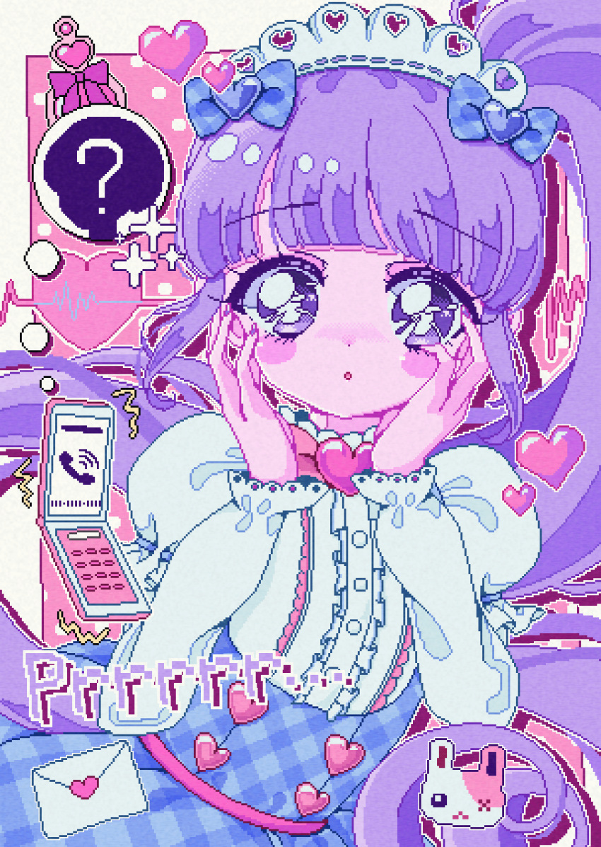 1girl :o ? absurdres blue_bow blunt_bangs blush bow cardiogram cellphone center_frills dress envelope flip_phone frilled_dress frills hair_bow hands_on_own_cheeks hands_on_own_face hands_up heart highres lolita_fashion long_hair long_sleeves looking_at_viewer maid_headdress manaka_non milon_cas open_mouth phone pixel_art plaid plaid_dress polka_dot polka_dot_background pretty_series pripara purple_hair rabbit retro_artstyle side_ponytail solo sparkle very_long_hair violet_eyes