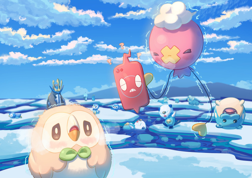 &gt;_&lt; ? afloat blush breath bright_pupils brown_eyes closed_mouth clouds cold commentary_request day drifloon eiscue eiscue_(ice) empoleon frown highres ice mokukitusui no_humans open_mouth oshawott outdoors piplup pokemon pokemon_(creature) prinplup rotom rotom_phone rowlet sealeo sky spheal trembling walrein water