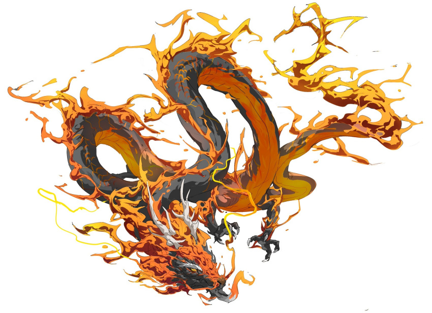 animal_focus antlers chinese_commentary claws commentary_request dragon eastern_dragon fire floating from_side full_body highres horns mane no_humans original pyrokinesis scales simple_background solo white_background white_horns xiaopizi32439 yellow_eyes