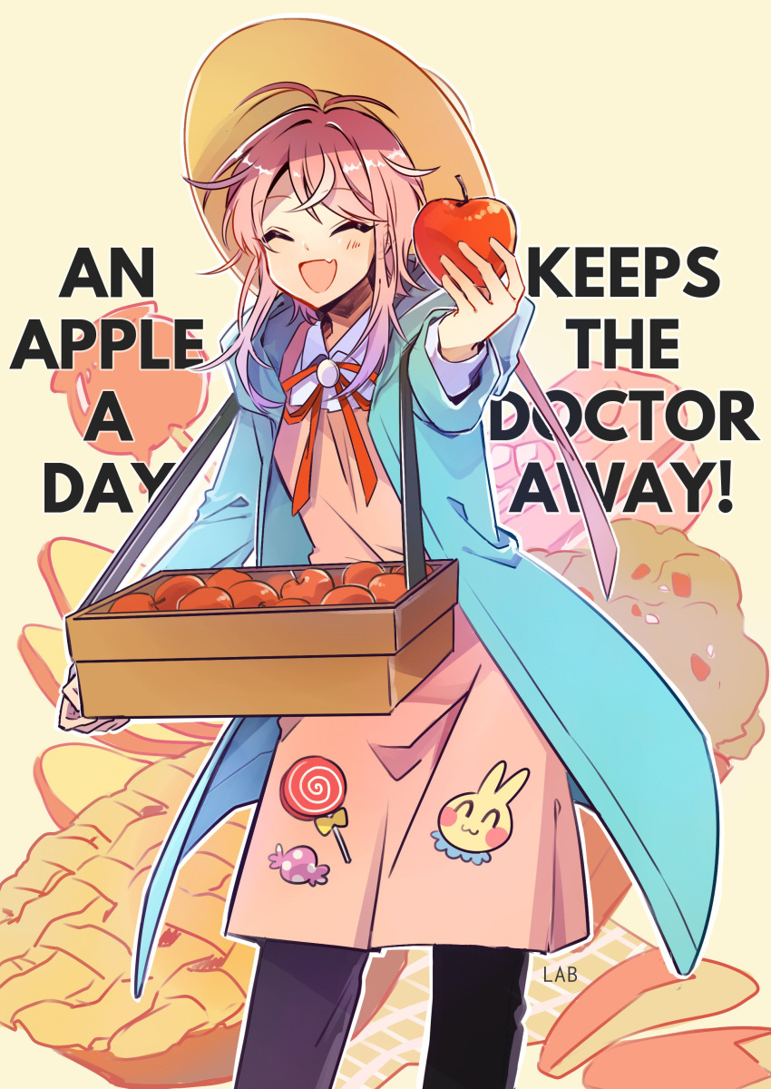 1boy ^_^ absurdres amemura_ramuda androgynous apple apple_pie apple_rabbit aqua_coat black_pants brown_headwear candy candy_apple closed_eyes coat commentary_request cupcake english_text fang feet_out_of_frame food food-themed_background food_art fruit hat highres holding holding_food holding_fruit hypnosis_mic labjusticaholic lollipop long_sleeves male_focus open_clothes open_coat open_mouth pants pastry pie pink_hair red_ribbon ribbon shirt sidelocks skin_fang solo waffle white_background white_shirt