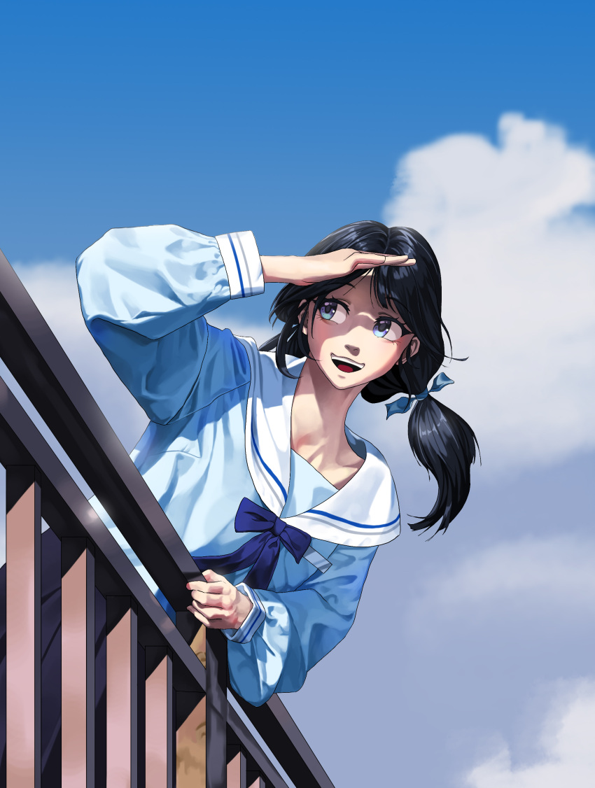 1girl absurdres against_railing alfie_(artist) arm_up black_hair black_skirt blue_eyes blue_shirt bow bowtie clouds day highres long_sleeves looking_to_the_side low_twintails open_mouth original outdoors photo-referenced railing sailor_collar school_uniform serafuku shading_eyes shadow shirt skirt smile solo teeth twintails upper_teeth_only