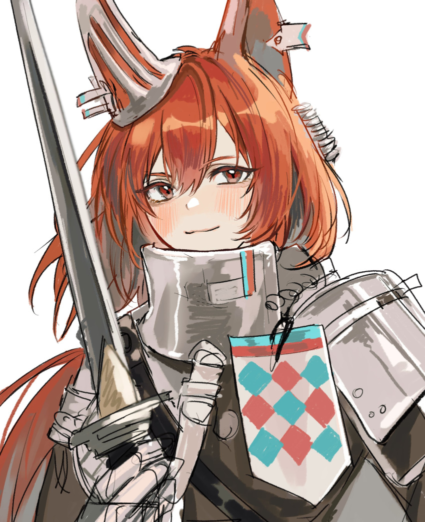1girl absurdres animal_ear_fluff animal_ears arknights armor armored_collar belt belt_buckle black_belt blush brown_jacket buckle cable closed_mouth collar colored_inner_hair commentary_request double-parted_bangs ear_armor ear_covers ear_tag facing_viewer flametail_(arknights) gambeson gauntlets gloves grey_gloves grey_hair hair_between_eyes hand_up hatching_(texture) high_collar highres holding holding_sword holding_weapon jacket light_smile linear_hatching long_hair looking_afar looking_to_the_side metal metal_collar metal_gloves multicolored_hair nun2o orange_hair pauldrons ponytail red_eyes shoulder_armor shoulder_belt shoulder_pads simple_background single_ear_cover single_pauldron single_shoulder_pad sketch solo squirrel_ears squirrel_girl standing sword two-tone_hair upper_body very_long_hair weapon white_background