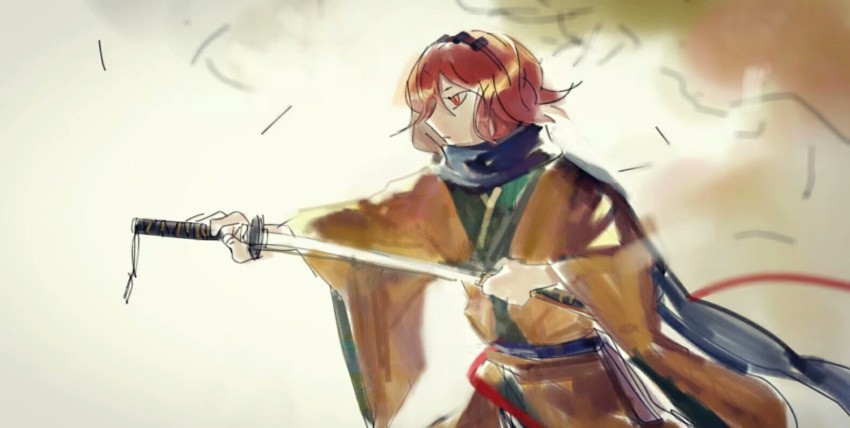 1other androgynous blue_scarf closed_mouth coat cocopalm green_kimono hairband holding holding_sword holding_weapon japanese_clothes kimono len'en long_sleeves open_clothes open_coat orange_eyes orange_hair other_focus red_hairband scarf sketch solo sword weapon wide_sleeves yellow_coat zuifeng_tenkai