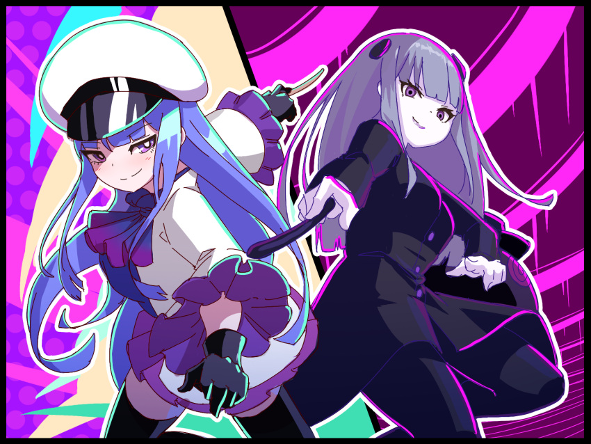2girls ascot black_border black_gloves black_jacket black_pants black_thighhighs blue_ascot blue_hair border cabbie_hat character_request closed_mouth commentary_request dual_persona feet_out_of_frame frilled_sleeves frills gloves grey_hair hat highres holding jacket kuro_kosyou long_hair long_sleeves marija_(muse_dash) multiple_girls muse_dash pants pleated_skirt purple_skirt skirt smile thigh-highs very_long_hair violet_eyes white_gloves white_headwear white_jacket