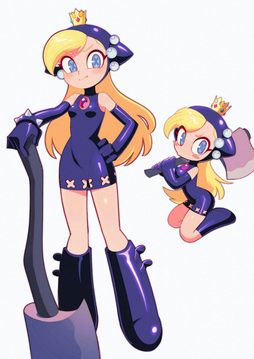 1girl axe batrobin_k black_footwear black_gloves blonde_hair blue_eyes boots breasts closed_mouth crown elbow_gloves fang fang_out gloves hand_on_own_hip highres holding holding_axe knee_boots long_hair looking_at_viewer mario_power_tennis mario_tennis seiza simple_background sitting small_breasts solo super_mario_bros. symbol-shaped_pupils warupeach white_background x-shaped_pupils