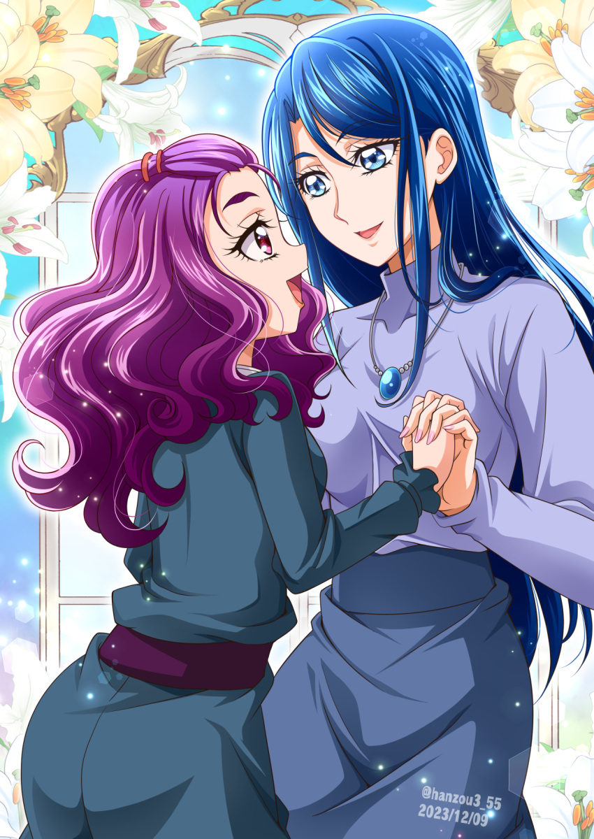 2023 2girls :d artist_name blue_eyes blue_hair commentary_request dated eyelashes flower hanzou happy highres jewelry kibou_no_chikara_~otona_precure_'23~ lily_(flower) long_hair looking_at_another milk_(yes!_precure_5) mimino_kurumi minazuki_karen multiple_girls open_mouth precure purple_hair smile standing twitter_username violet_eyes wavy_hair yes!_precure_5 yes!_precure_5_gogo! yuri