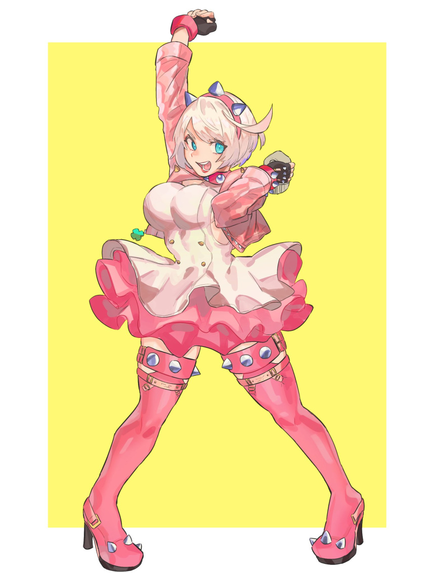 1girl ahoge aqua_eyes black_gloves boots bracelet breasts clover collar dress elphelt_valentine fingerless_gloves four-leaf_clover frilled_dress frills full_body gloves guilty_gear guilty_gear_strive hairband highres huge_ahoge jacket jewelry large_breasts long_sleeves looking_at_viewer luci_omi_gusu open_mouth pink_dress pink_footwear pink_jacket short_hair smile spiked_bracelet spiked_collar spiked_hairband spikes standing thigh_boots two-tone_dress white_dress white_hair yellow_background