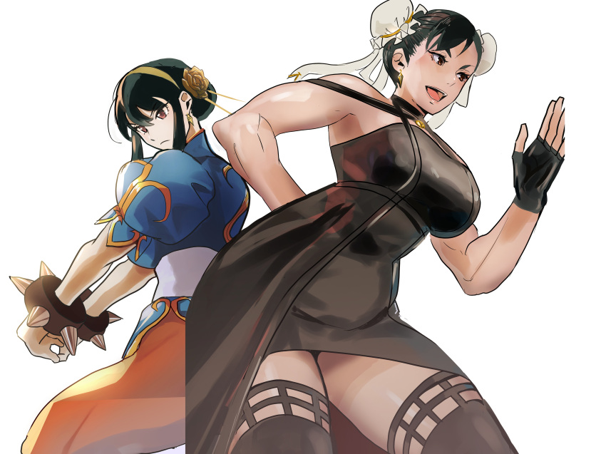 2girls absurdres black_dress black_hair blush bracelet breasts bun_cover china_dress chinese_clothes chun-li cosplay costume_switch double_bun dress earrings gold_earrings gold_hairband hair_bun hair_horns hairband highres jewelry large_breasts long_hair meke_(77842928) multiple_girls muscular red_eyes short_hair spiked_bracelet spikes spy_x_family street_fighter street_fighter_6 two-sided_dress two-sided_fabric yor_briar