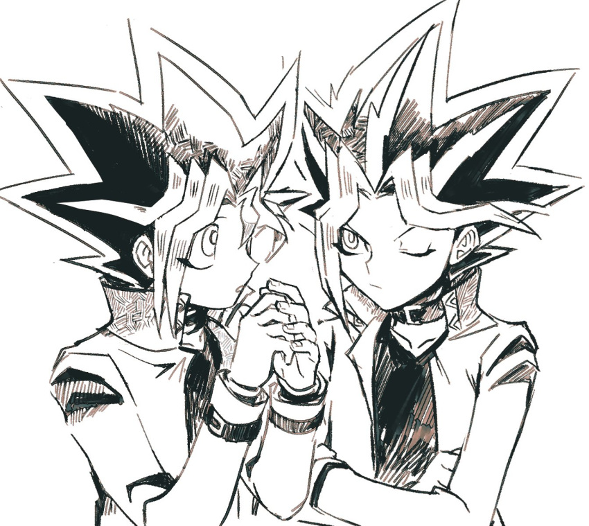2boys collar crossed_arms greyscale highres jacket looking_at_another monochrome multiple_boys one_eye_closed spiky_hair tok_nuts upper_body white_background yami_yuugi yu-gi-oh!