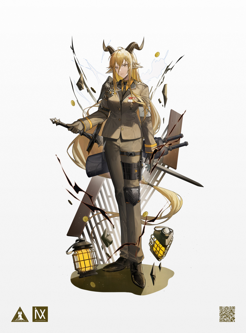 1girl absurdly_long_hair absurdres ahoge animal_ear_fluff animal_ears arknights arm_strap armband armor artist_name aura belt belt_chain black_belt black_footwear black_necktie black_straps blonde_hair breast_pocket breasts bright_pupils brown_horns buckle buttons chain chinese_commentary closed_mouth coin collared_shirt commentary_request crossed_bangs dark_aura debris degenbrecher_(arknights) double-parted_bangs dress_shirt dress_shoes epaulettes expressionless eyelashes facing_viewer floating_hair full_body gloves goat_ears goat_girl goat_horns green_gloves green_jacket green_pants hair_between_eyes hair_tie hand_up high_collar highres holding holding_sword holding_weapon horns insignia jacket knee_pads knife knife_sheath lantern lapels light_particles lips logo long_bangs long_hair long_sleeves looking_afar looking_ahead low-tied_long_hair medal medium_breasts military military_jacket military_uniform multiple_swords multiple_weapons necktie notched_lapels orange_shirt pants pauldrons pocket print_armband qr_code rhodes_island_logo_(arknights) shadow sheath sheathed shirt shoes shoulder_armor shoulder_pads simple_background single_epaulette single_knee_pad single_pauldron snap-fit_buckle solo standing straight_hair sword sword_behind_back thigh_belt thigh_strap uniform variant_set very_long_hair watermark weapon white_armband white_background white_pupils wing_collar yellow_eyes yuuki_mix