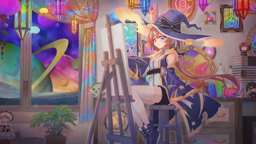 1girl absurdres blue_eyes bottle character_doll character_request detached_sleeves easel hat highres indie_virtual_youtuber multicolored_hair orange_hair painting_(action) painting_(object) planet plant potted_plant rune_(dualhart) scenery sitting solo space streaked_hair virtual_youtuber wide_sleeves witch_hat