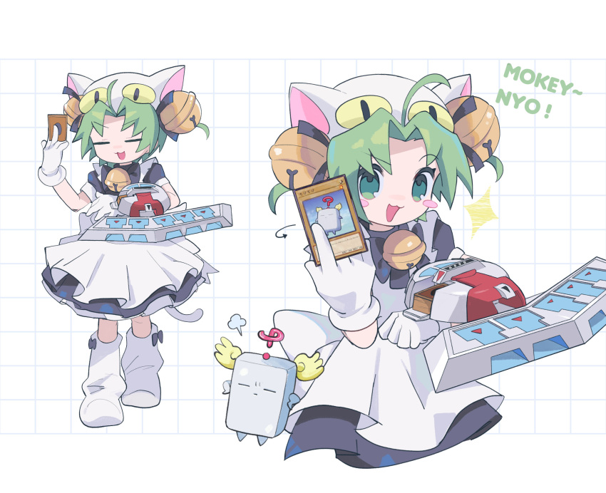 1girl :3 :d =_= ahoge animal_hat apron arrow_(symbol) back_bow bell blue_eyes blush_stickers bow bowtie card cat_hat cat_tail dejiko di_gi_charat dress duel_disk gloves green_eyes green_hair hair_intakes hat highres holding holding_card jingle_bell kneehighs maid_apron mokey_mokey morizo_(morizoshop) multicolored_eyes neck_bell purple_bow purple_bowtie purple_dress short_hair smile socks solo sparkle standing tail v-shaped_eyebrows white_apron white_bow white_gloves white_headwear white_socks yu-gi-oh!