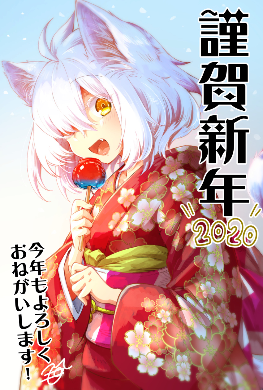 1girl 2020 ;d animal_ears candy_apple cat_ears cat_girl cat_tail fang floral_print food highres hood hood_down hooded_kimono japanese_clothes kimono long_sleeves looking_at_viewer mono_(nekogoya) obi one_eye_closed open_mouth original red_kimono sash short_hair smile tail white_hair