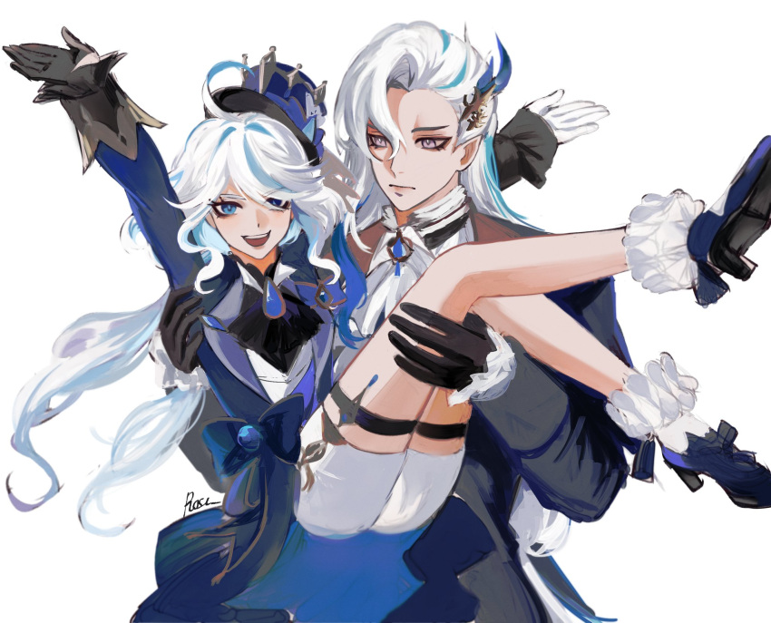 1boy 1girl ackrose ahoge ascot black_ascot black_gloves blue_brooch blue_eyes blue_hair blue_headwear carrying carrying_person commentary feather_hair_ornament feathers furina_(genshin_impact) genshin_impact gloves hair_ornament hat heterochromia highres legs light_blue_hair long_hair looking_at_another looking_at_viewer multicolored_hair neuvillette_(genshin_impact) open_mouth outstretched_arms pointy_ears shorts sidelocks smile spread_arms streaked_hair teeth top_hat two-tone_hair upper_teeth_only violet_eyes white_ascot white_background white_gloves white_hair white_shorts
