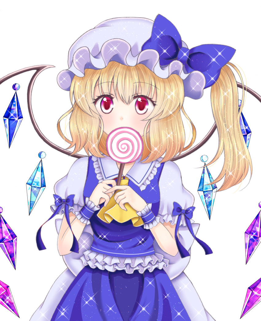 1girl absurdres alternate_color amiguri ascot back_bow blonde_hair blue_bow blue_skirt blue_vest bow candy collared_shirt covering_mouth cowboy_shot crystal dot_nose flandre_scarlet food frilled_shirt_collar frilled_sleeves frilled_vest frills hair_between_eyes hat hat_bow highres holding holding_candy holding_food holding_lollipop large_bow lollipop looking_at_viewer medium_hair mob_cap multicolored_wings one_side_up puffy_short_sleeves puffy_sleeves red_eyes shirt short_sleeves simple_background skirt skirt_set sleeve_bow solo swirl_lollipop touhou vest white_background white_bow white_shirt wings yellow_ascot