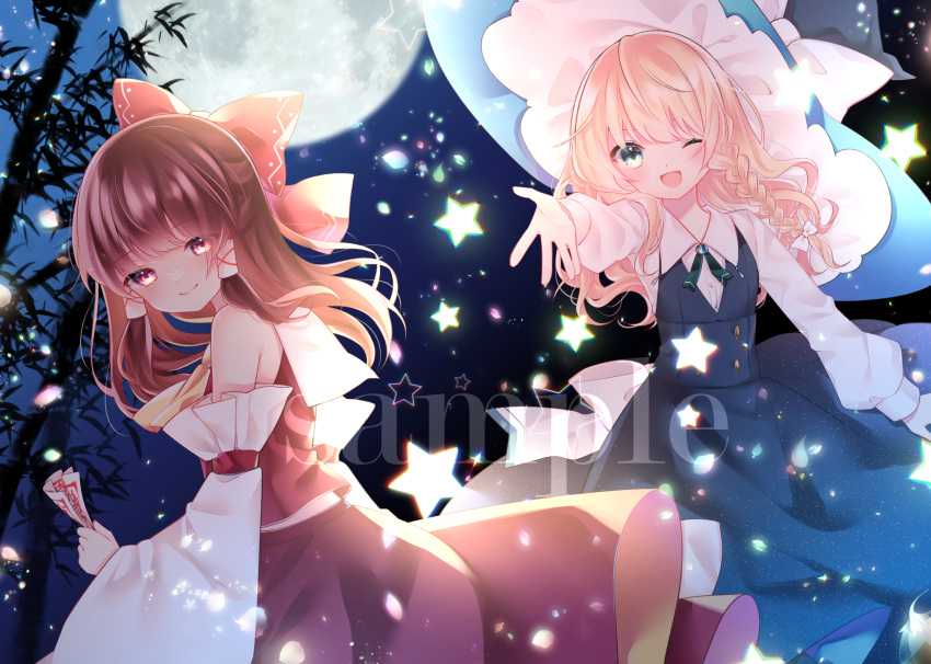 2girls back_bow bamboo bare_shoulders black_skirt black_vest blonde_hair blue_brooch bow braid brooch brown_hair cacao_(cacaomgmg) closed_mouth collared_shirt cowboy_shot detached_sleeves from_side hair_bow hair_tubes hakurei_reimu happy hat highres holding jewelry kirisame_marisa large_bow large_hat light_smile long_hair long_sleeves looking_at_viewer multiple_girls one_eye_closed puffy_long_sleeves puffy_sleeves red_bow red_shirt red_skirt sample_watermark shirt single_braid skirt sleeve_ribbon sleeveless sleeveless_shirt star_(symbol) touhou vest watermark white_bow white_shirt witch_hat