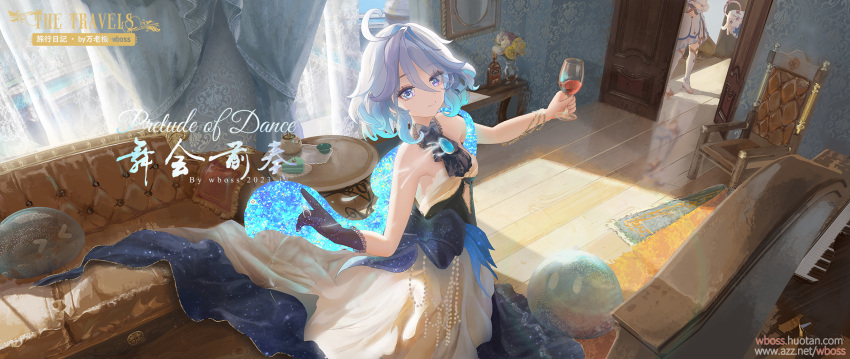 &gt;_&lt; 3girls black_gloves blue_dress blue_eyes blue_hair boots bottle chair closed_mouth couch cup curtains door dress drinking_glass drop-shaped_pupils flower furina_(genshin_impact) genshin_impact gloves gradient_hair grey_hair heterochromia highres holding holding_cup indoors lumine_(genshin_impact) multicolored_clothes multicolored_dress multicolored_hair multiple_girls paimon_(genshin_impact) scenery short_hair single_glove smile solo_focus table thigh_boots violet_eyes wboss web_address white_dress white_hair wine_glass