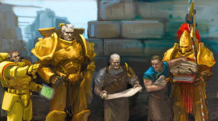 5boys adeptus_astartes adeptus_custodes apron armor bald blue_shirt book breastplate brick_wall brown_hair commentary couter crotch_plate cuirass data_slate_(warhammer) english_commentary frown full_armor gauntlets gold_armor greaves grey_shirt guardian_spear hand_on_own_hip hashtag_only_commentary helmet highres holding holding_book holding_scroll imperial_fists leather_apron leg_armor looking_at_object male_focus mammona mature_male multiple_boys muscular muscular_male outdoors overcast paper pauldrons pelvic_curtain plume pointing polearm poleyn power_armor primarch red_eyes rerebrace rogal_dorn scowl scroll shirt short_hair shoulder_armor single_pauldron size_difference sky spear standing straight-on t-shirt tools warhammer_40k weapon white_hair white_sky