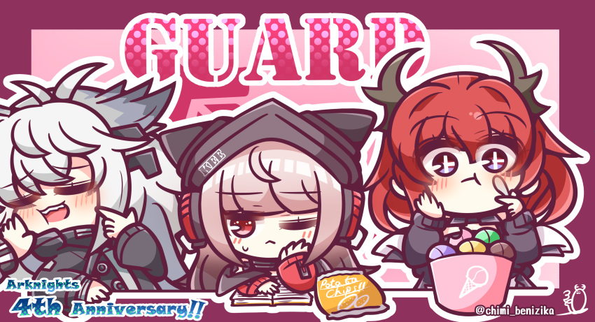 +_+ 3girls :&lt; absurdres animal_ears arknights artist_name benizika chibi closed_eyes commentary_request dragon_girl dragon_horns food fox_girl frostleaf_(arknights) grey_hair highres holding holding_spoon horns ice_cream lappland_(arknights) multiple_girls one_eye_closed open_mouth pink_hair red_eyes redhead sharp_teeth spoon surtr_(arknights) teeth twitter_username upper_teeth_only violet_eyes wolf_ears wolf_girl