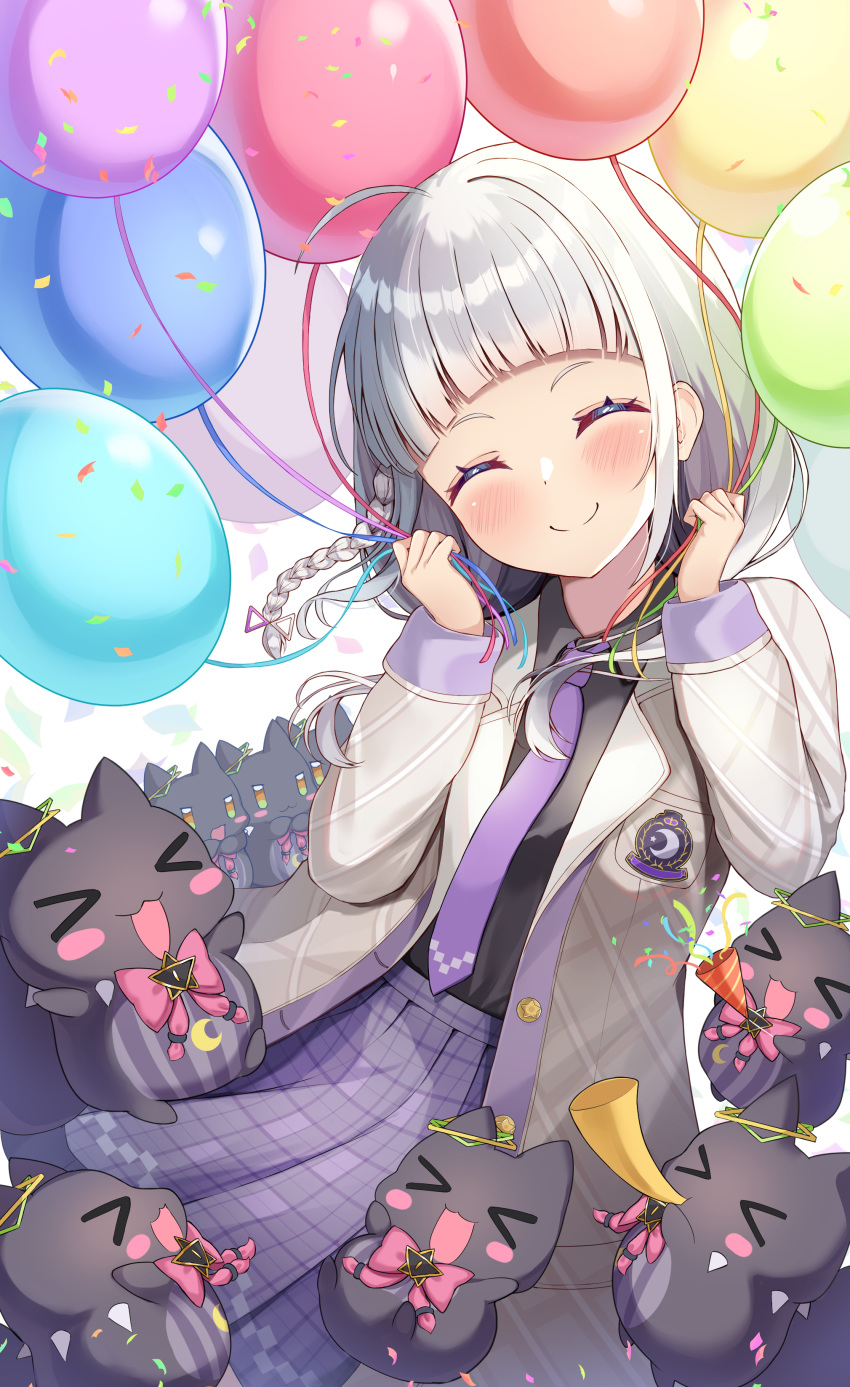 &gt;_&lt; 1girl ^_^ absurdres ahoge arched_bangs balloon black_shirt blush braid closed_eyes closed_mouth collared_shirt commentary_request facing_viewer grey_hair grey_jacket hands_up highres hololive jacket long_hair murasaki_shion necktie open_mouth purple_necktie purple_skirt rappi shiokko_(murasaki_shion) shirt shirt_tucked_in side_braid skirt smile solo upper_body virtual_youtuber