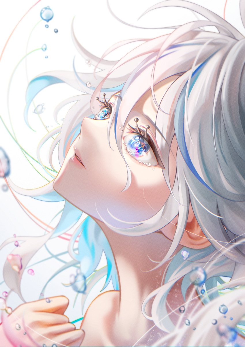 1girl absurdres blue_hair collarbone drop-shaped_pupils film_grain floating_hair from_side furina_(genshin_impact) genshin_impact grey_hair hair_between_eyes heterochromia highres kns_hanazuna lips looking_up mismatched_pupils multicolored_hair parted_lips portrait short_hair sidelocks solo streaked_hair tearing_up tears thick_eyebrows water_drop