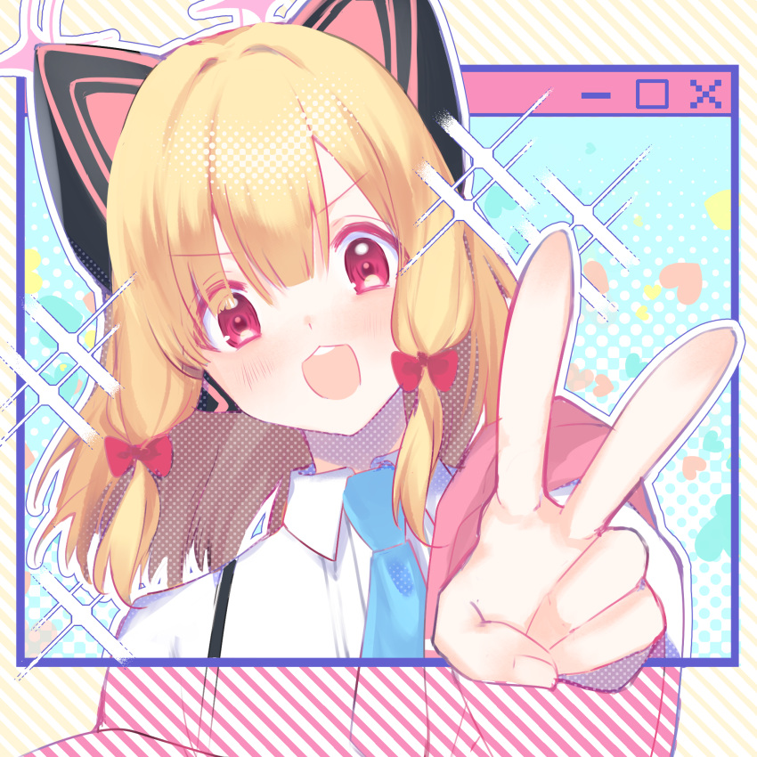 1girl :3 :d animal_ear_headphones animal_ears blonde_hair blue_archive blue_background blue_necktie blunt_bangs blush bow cat_ears close-up collared_shirt commentary_request fake_animal_ears foreshortening hair_between_eyes hair_bow hand_up happy head_tilt headphones heart highres looking_at_viewer medium_hair momoi_(blue_archive) momokokuma necktie open_mouth polka_dot polka_dot_background red_bow red_eyes shirt simple_background smile sparkle striped striped_background tareme teeth upper_teeth_only v v-shaped_eyebrows white_shirt window_(computing) yellow_background